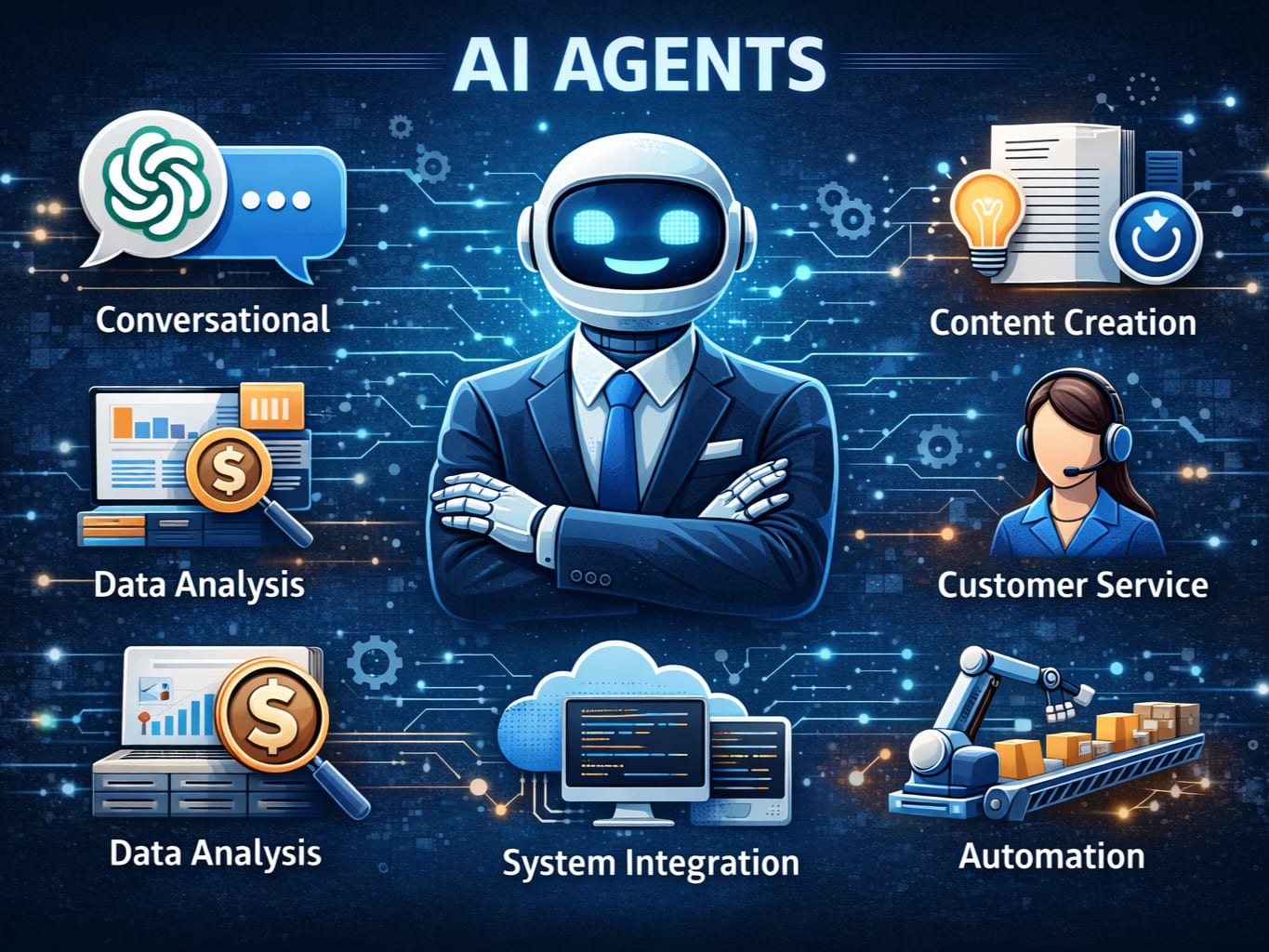 AI agents used for conversational tasks, content creation, data analysis, customer service, system integration, and automation